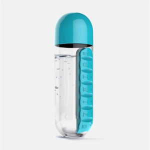 Bouteille pilulier 3 en 1, avec compartiment de médicaments et un gobelet comme bouchon - pilulier de voyage